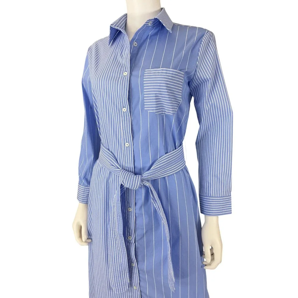 Pomander Place Chessie Stripe Maxi Shirt Dress Women's XS Blue White Belted NWT